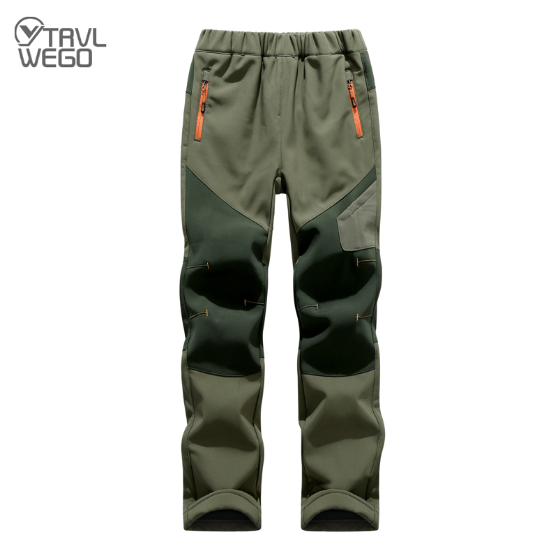 

TRVLWEGO Winter Fleece Soft shell Hiking Pants Children Outdoor Waterproof Camping Ski Thick Trousers Keep Warm AD270, Black