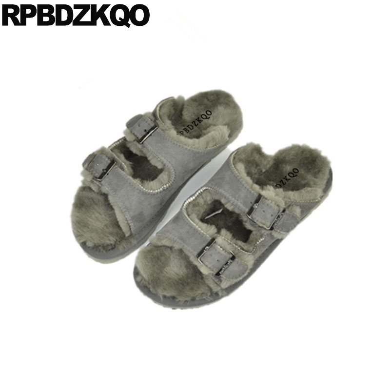 

plush 44 open toe fuzzy winter 11 fluffy slippers sheepskin wool real fur footwear suede slides woman shoes slip on, Gray suede