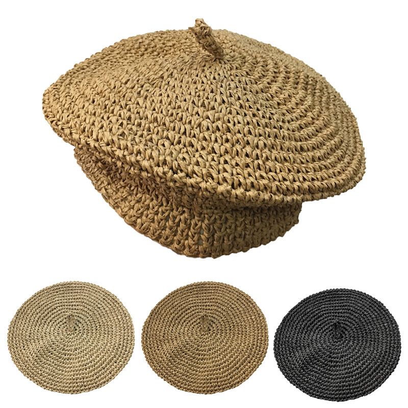 

Summer Handmade Woven Cap Solid Color British Style Berets Woman Hats Retro Art Straw Hat, Black