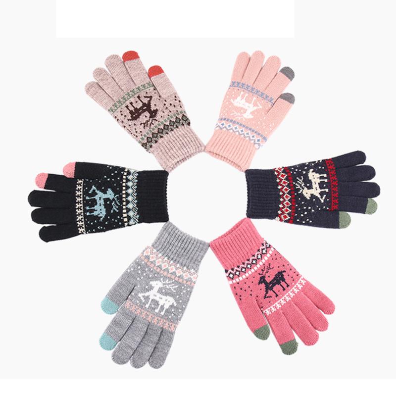 

Knitted Wool Touch Screen Gloves Female Warm Plus Velvet Couple Korean Winter Snowflake Gloves Touchable Screen