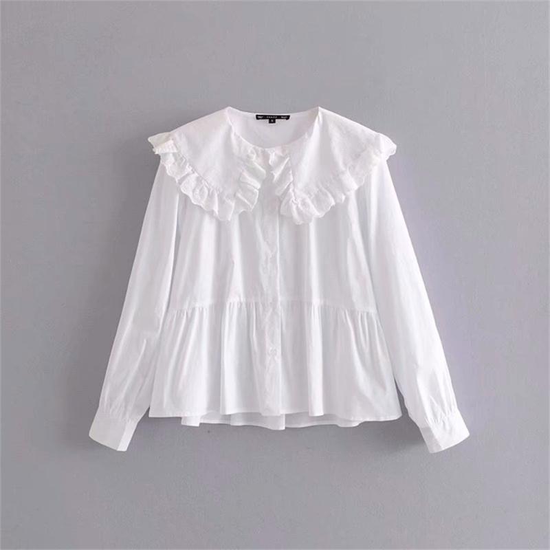 

Women's Wear Fall 2020 New Euro-American Small Round Collar Embroidery Lace Loose Slim Poplin Shirt, White