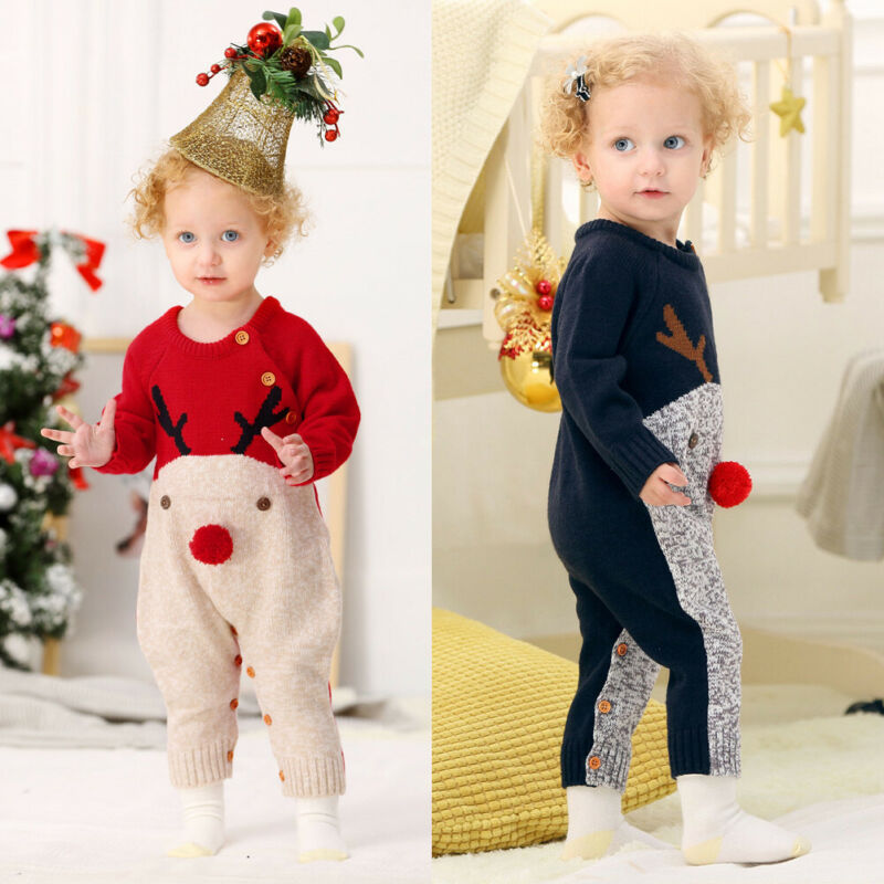 

Baby Boys Christmas Rompers Reindeer Knitted Infantil Jumpsuits Toddler Girls New Year's Costume Children Warm Wool Clothes 0-2Y, Red