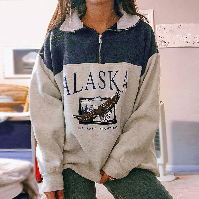 

Januarysnow Fashion women' cotton Stand collar half zipper letter printing long sleeve sweatshirts Vintage Grey casual loose sweatshirt, Green