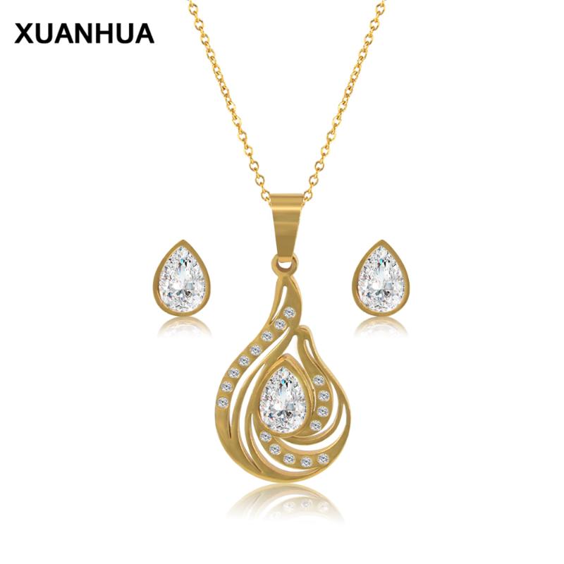 

Fashion Bridal Dubai Jewelry Sets Accessories Jewellery Titanium stainless steelwhite stud Earrings chain necklace set For Women, As pic