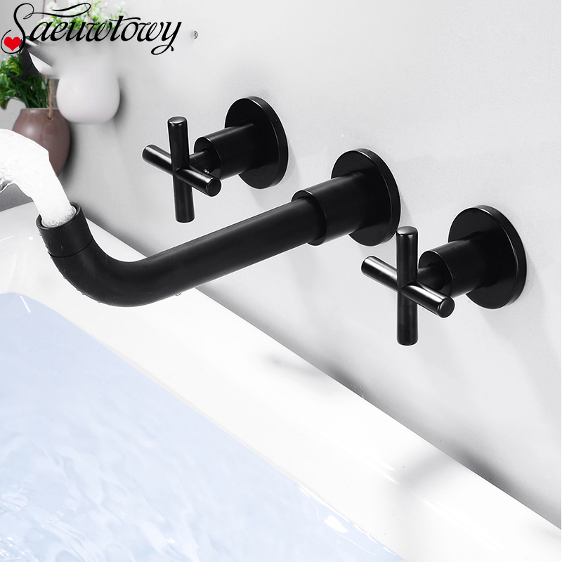 

Free Shipping Black Basin Faucet Wash Faucet Double Handle Wall Mounted Bathroom 360 ° Rotating Sink Mixer Basin Tap