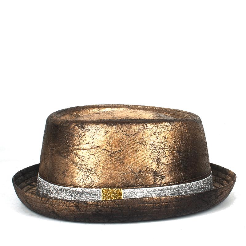 

100% Leather Steampunk Hat Men Fedora Hat Gold Pork Pie Gear Glasses Flat Top For Gentleman Bowler Gambler Cosplay, Gold1