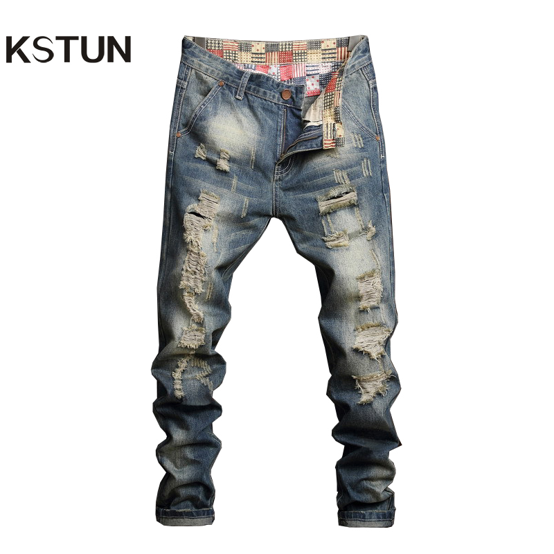 

KSTUN Ripped Jeans for Men Straight Fit Street wear Hip hop Pants Men's Biker Jeans Washed Distressed Trousers, Blue