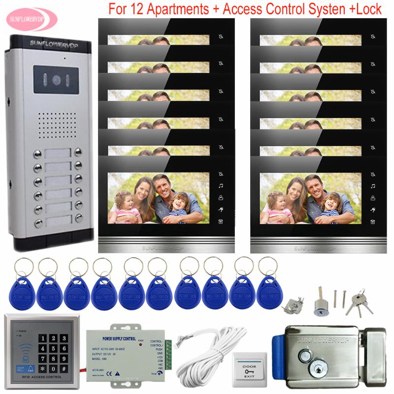 

For 12 Apartments Access Control System Intercoms for Private Homes 7" Color Video Door Electronic Control Door Lock Doorphone