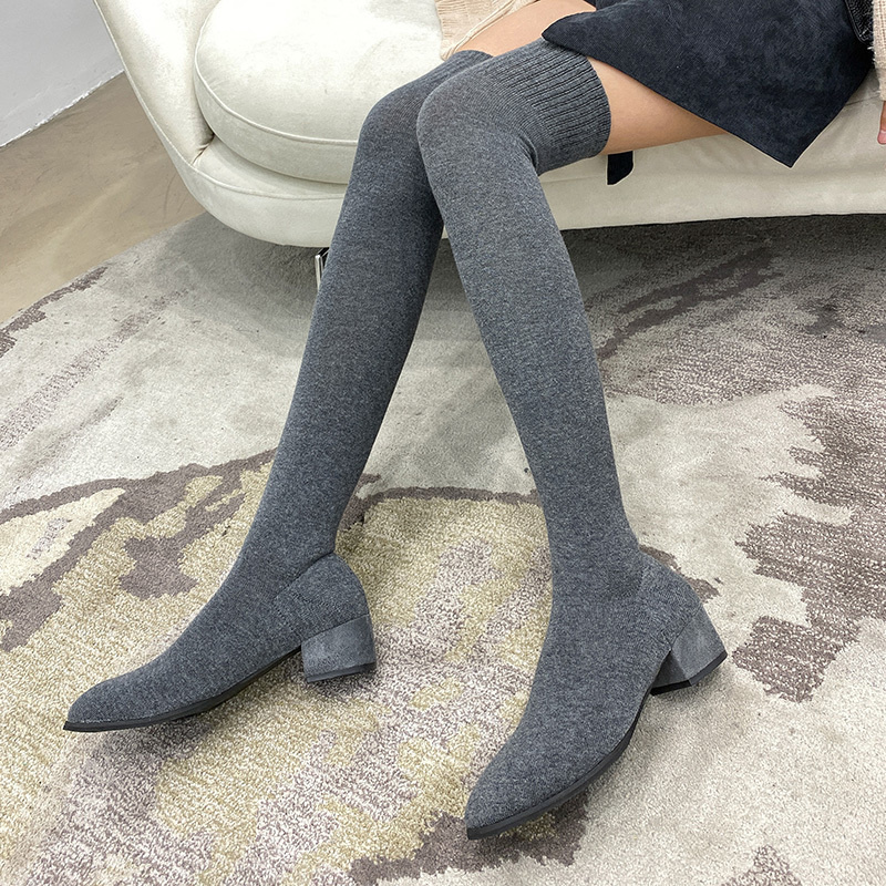 

Winter 2020 Fall Women Block High Heels Over The Knee Boots Stretch Fabric knitting Boots Female Low Heels Long Sock Shoes, Black