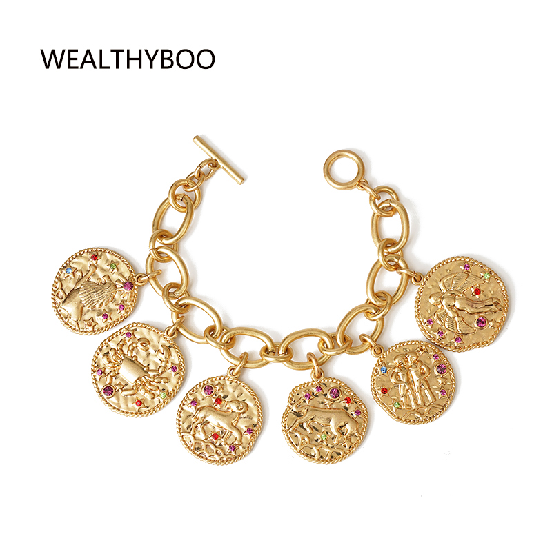 

WealthyBoo Punk Constellation Charms Bracelet Bangle Exquisite Women Gift Geo Pendant Wristlet Big Link Chain Toggle Bracelet
