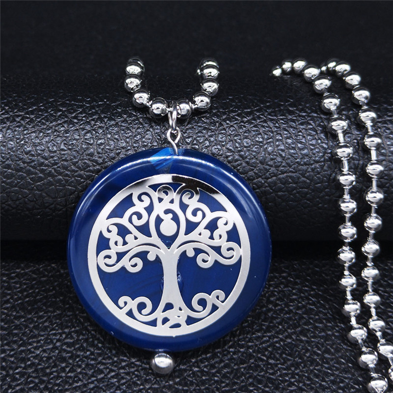 

2020 Tree of Life Stainless Steel Natural Stone Long Necklaces Women Blue Color Statement Necklace Jewelry gargantilla NFA7S04