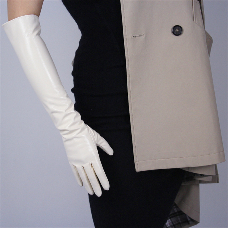 

Patent Leather Long Gloves 50cm Long Section Emulation Leather PU Bright Bright Rice Milk White Cream Female PU68