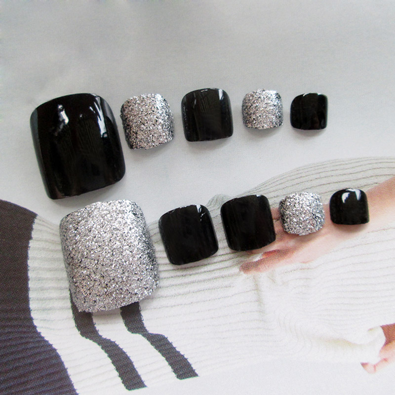 

24 Pcs/Set 3D False Toe Full Nail Tips With Glue Lady Girl Toe Art Nails Tool Fake Foot Toenails KG66, Black