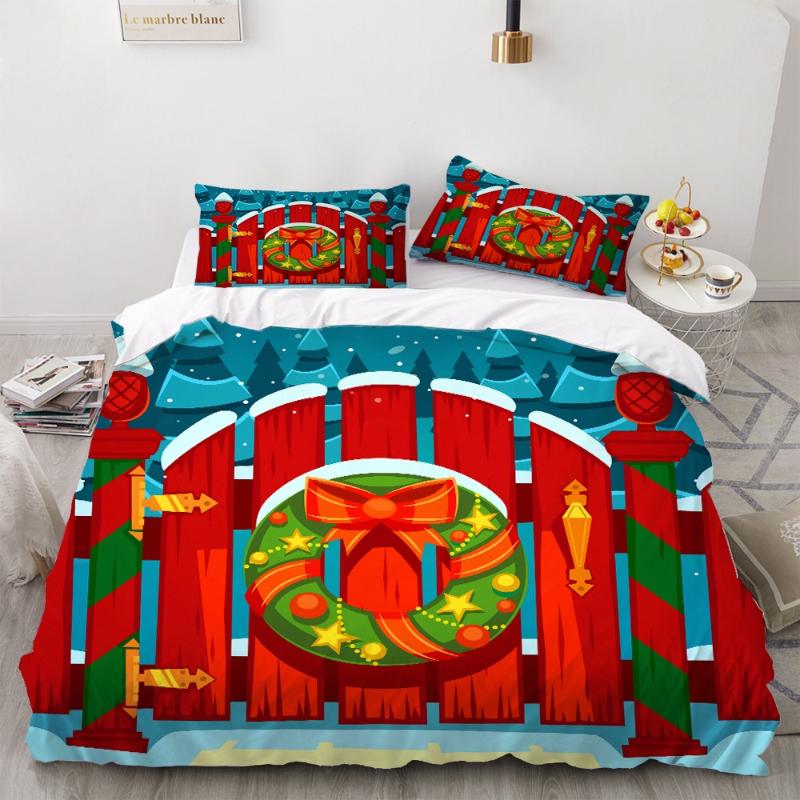 

2/3 Pieces Christmas Gift Bedding Set Red Wooden Door Duvet Cover Cartoon Bed Quilt Cover Happy New Year Home Textile Set, As picture