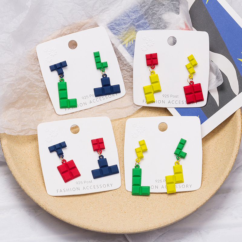 

New trendy fun colorful Tetris pendant earrings girls Cute personality creative geometry blocks stud earrings fashion jewellry
