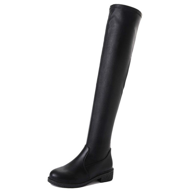

Women Over The Knee Boots Female Spring And Autumn Flat Black PU Leather Boots Ladies Fashion All-match Casual