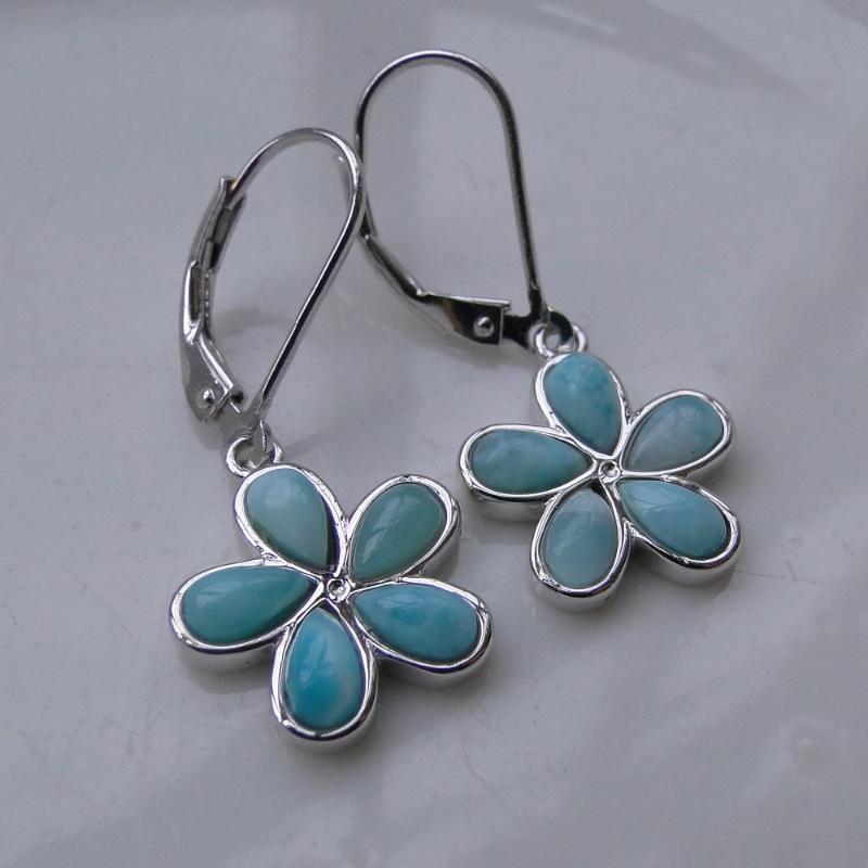 

Natural Larimar Jewelry Flower Silver Dangle Earrings 100% 925 Sterling Silver Jewelry for Women Earring