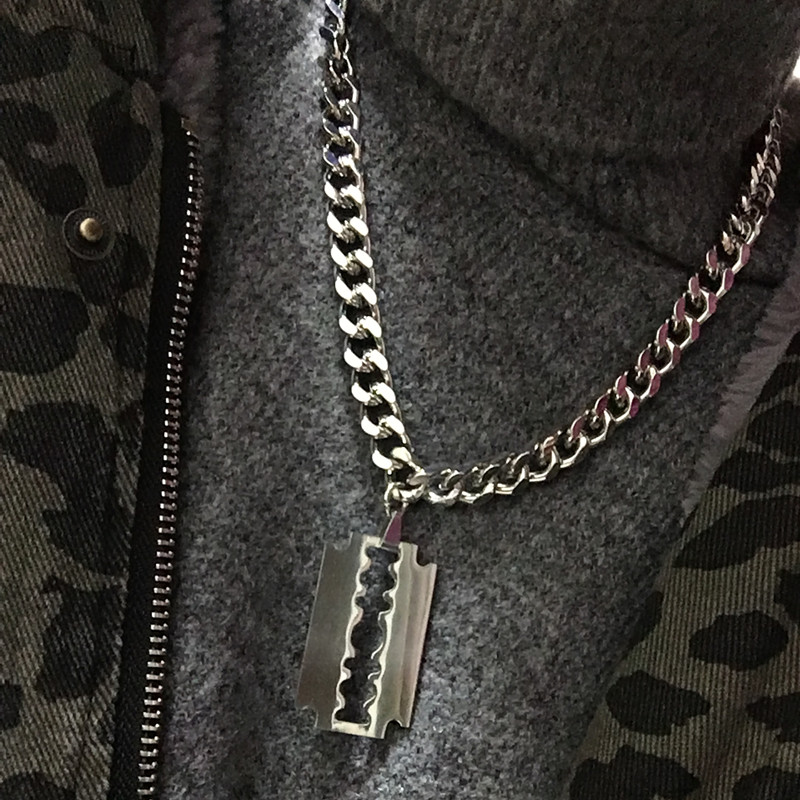 

Chains 2021 Men Stainless Steel Blade Pendant Necklace Thick Iron Alloy Metal Chain Punk Gothic For Unisex