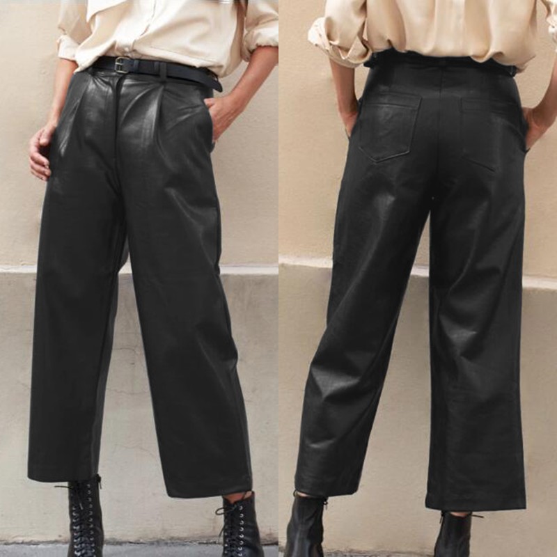 

Plus Size Women' Wide Leg Trousers ZANZEA 2020 Stylish Faux Leather Pants Casual Button Zip Long Pantalon Female Black Turnip
