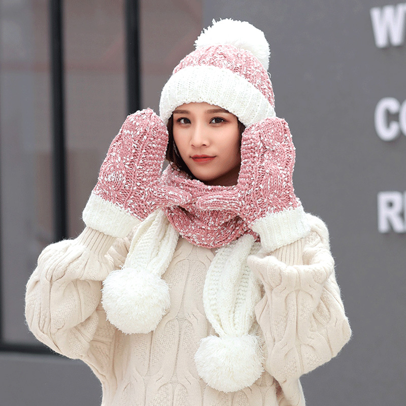 

Winter Faux Fur Hat Gloves Scarf Sets Plush Wool Warm Caps Women Knitted Cap Outdoor Windproof Ear Flap Beanie Bonnet