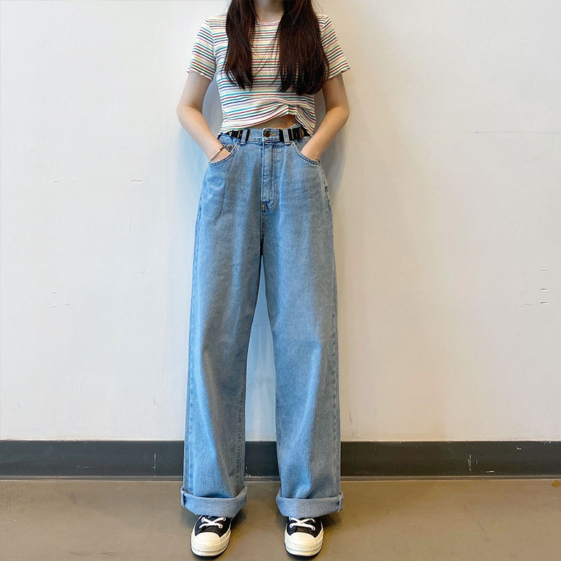 

L autumn 2020 korean style High adjustable Waist jeans Lady Casual loose wide leg denim jeans womens mom womans (X1529, Blue