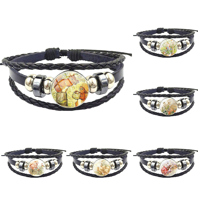 

Tale of Squirrel Nutkin For Women Men Party Glass Cabochon Black Leather Bracelet Bangle Vintage Women Jewelry