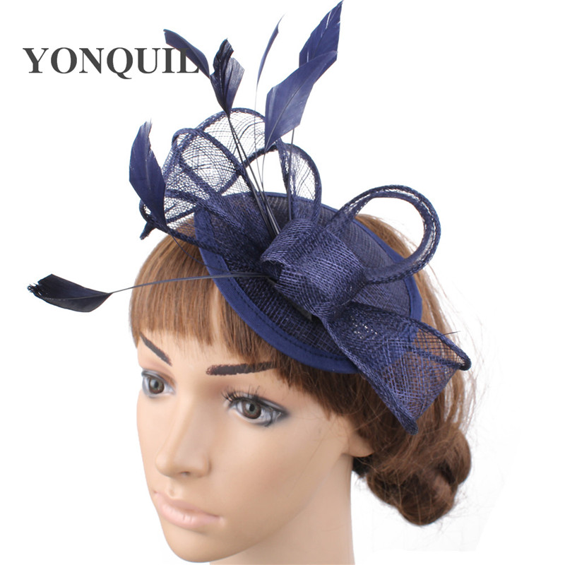 

navy wedding ladies fedora cap formal dress party dinner fascinators hat with fancy feathers bride mesh chapeau cap, White