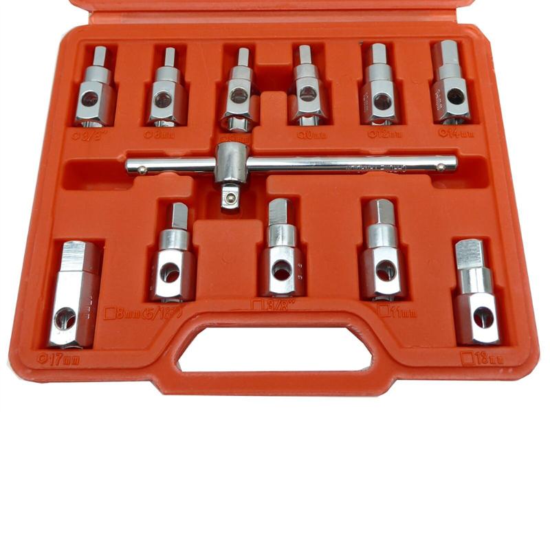 

12Pcs Oil Drain Plug Key Set Tool Kits for Car 3/8'' Drive T-bar Square&Hexagon Key Drives