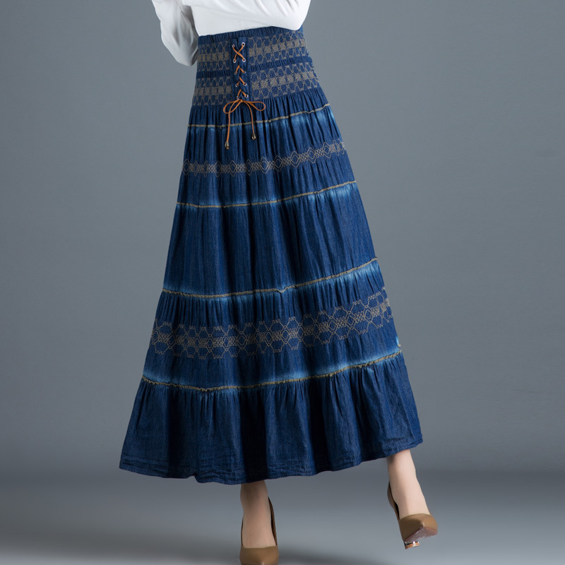 

2020 New Spring Summer Woman Vintage High Waist Solid A Line Denim Long Pleated Skirt Elastic Waist Loose Lace Up Long Skirt, Blue