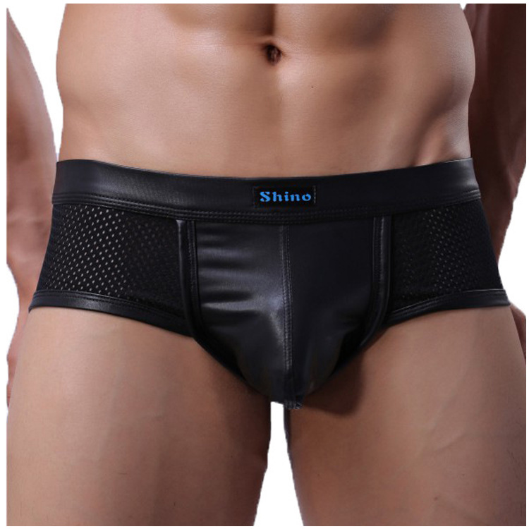 

Sexy Gay Underwear Men Mesh Faux Leather Boxers Shorts Man Breathable Low Rise U Convex Pouch Underpants Cueca calzoncillo -L, Black