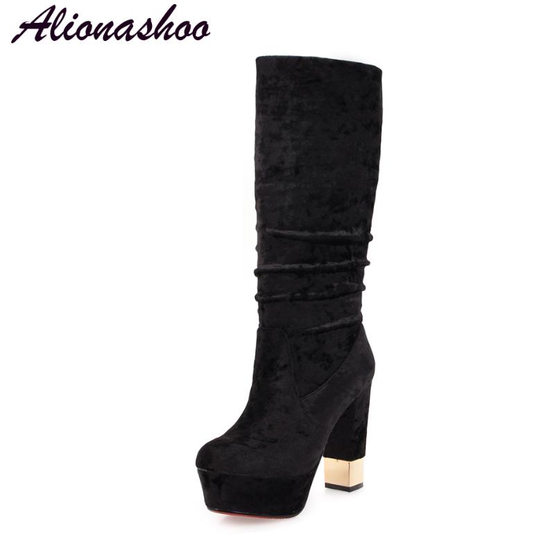 

Alionashoo Plus size 43 Brand Designers Long Boots Women Fashion Silk Flock Women's Knee High Boots 2020 Winter Black Red, Vintage short plush
