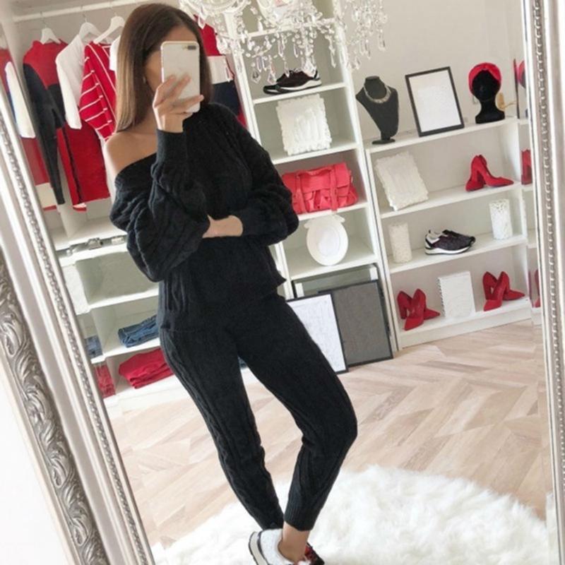 

autumn Tracksuit Women 2 Piece Set O-Neck knitted sweater suit Top+Elastic Waist Pant Knitted Suit Women Coat 2 Piece Set 2020, 2 khaki