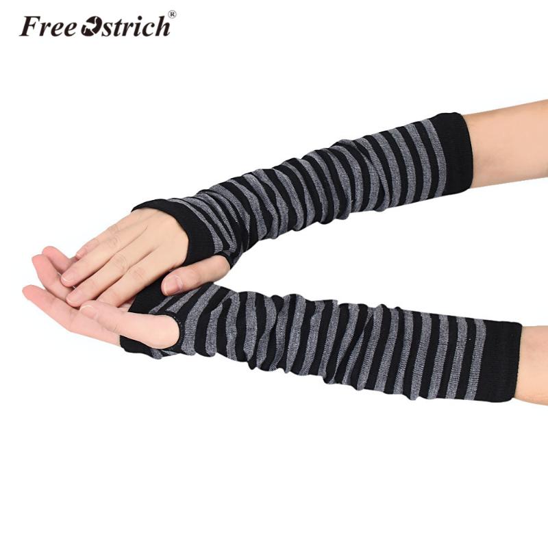 

Free Ostrich Long Gloves Women 1Pair Winter Autumn Hand Warmer Mitten Guantes Mujer Stripe Knitted Long Fingerless Gloves A3120