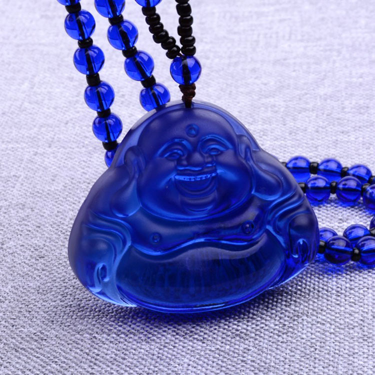 

Natural white crystal good luck necklace Blue crystal Buddha head maitreya sweater chain necklace