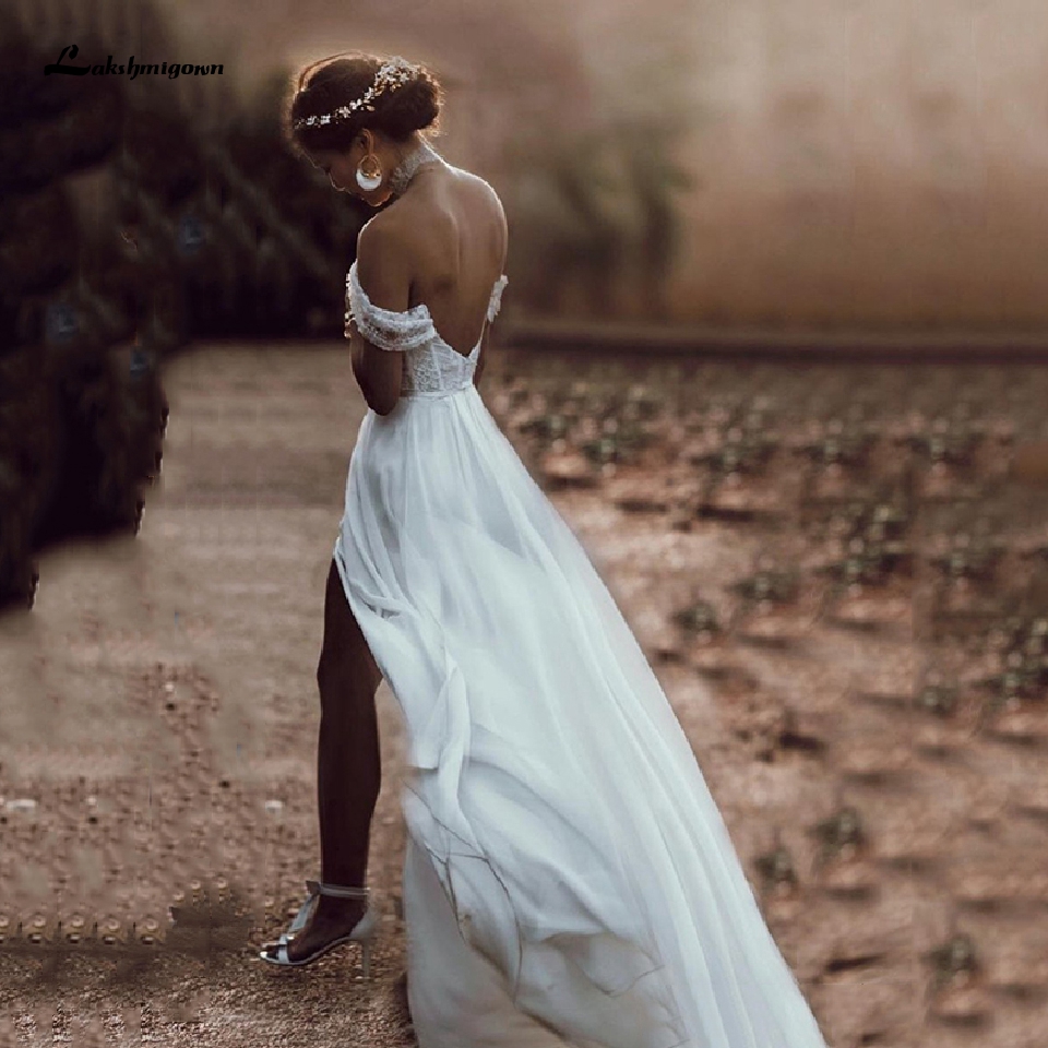 

Lakshmigown A Line Simple Bride Dress 2020 Robe Mariee Boho Chiffon Long Wedding Dress Beach Side Split Wedding Gowns Corset, Ivory