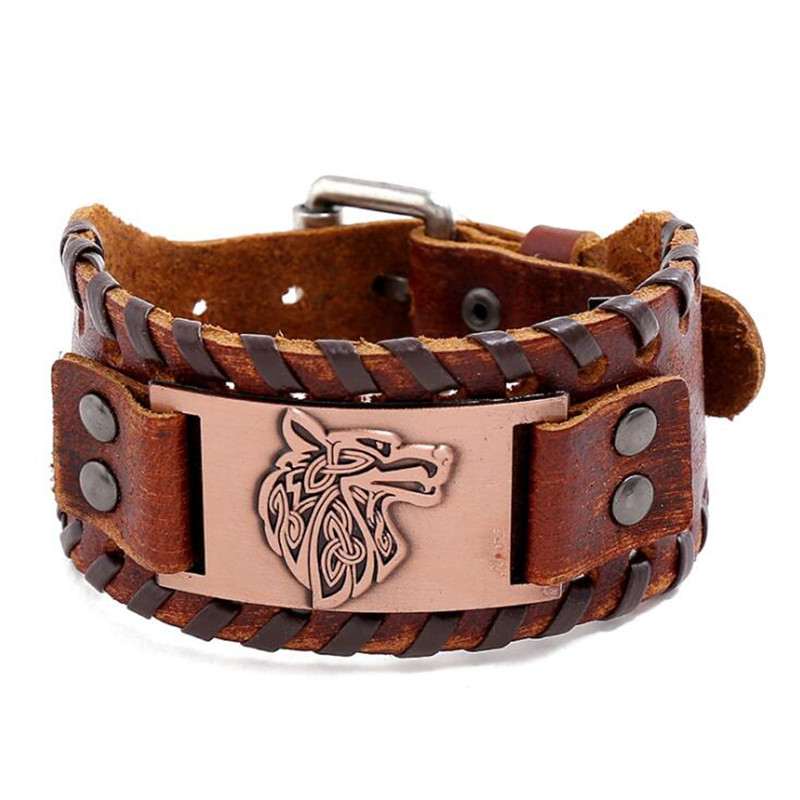 

New Retro Viking Wolf Leather Bracelets for Men Rock Design Wide Strap Bangle for Male Trendy Jewelry