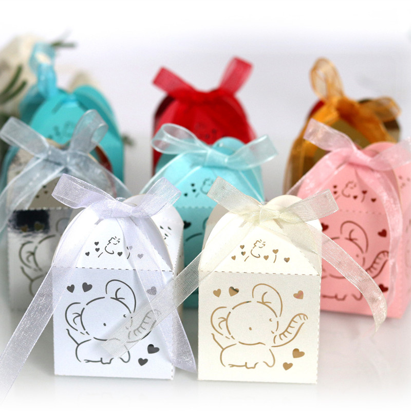 

50pcs Laser Cut Elephant Hollow Carriage Favors Box Gifts Candy Dragee Boxes Baby Shower Wedding Birthday Wrapping Paper Bags