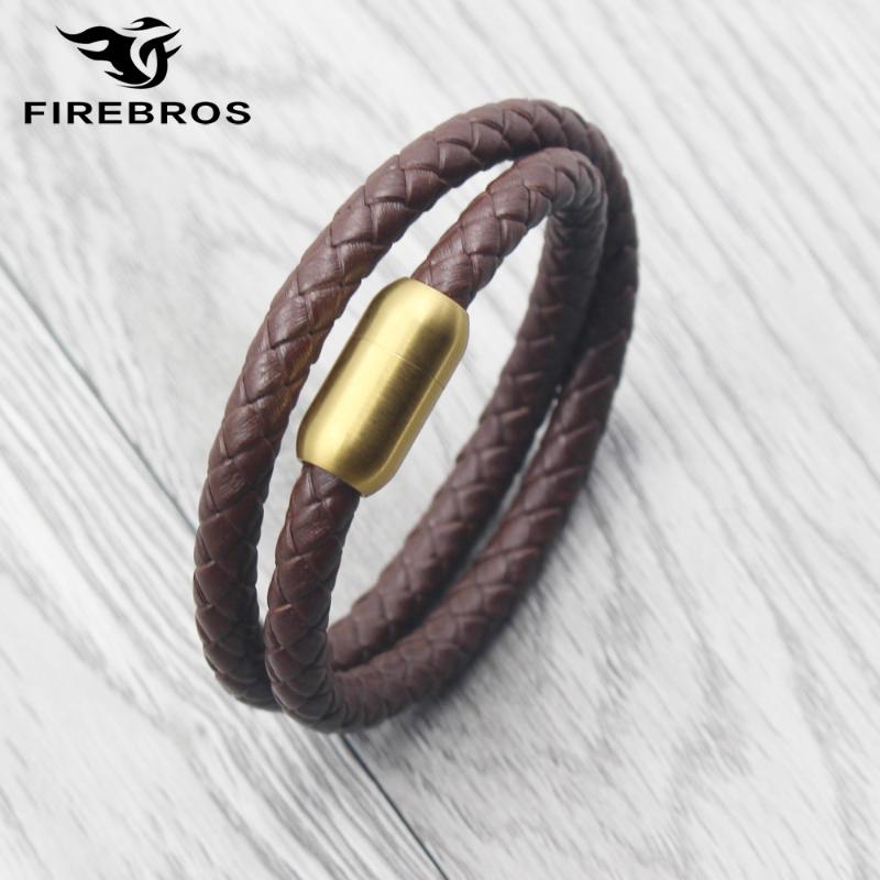 

FIREBROS Women Men Jewelry Gift Hiphop Multilayers Genuine Leather Wrap Bracelet Gold Color Stainless Steel Magnetic Buckle