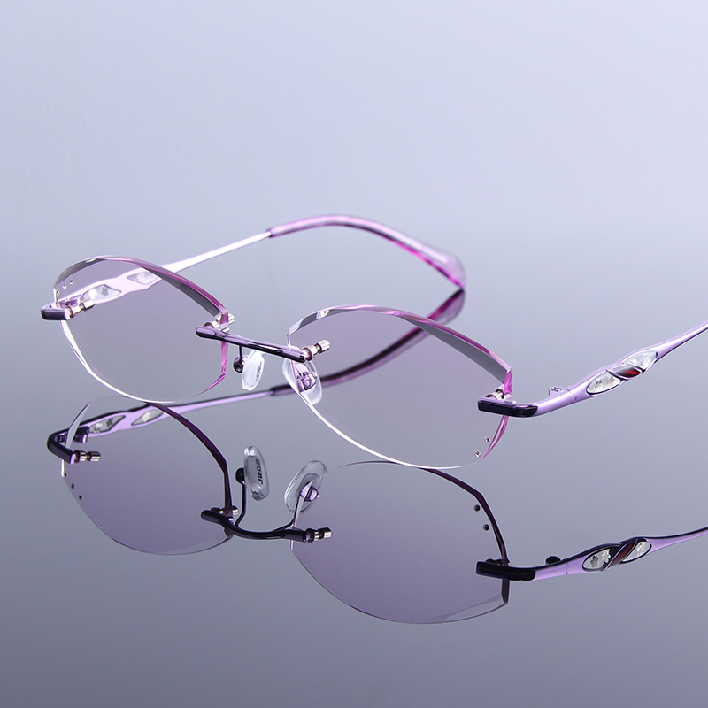 

Fashion Women Rhinestone Rimless Reading Glasses Purple Readers Presbyopic Eye Glasses Anti-reflective Coating gafas de mujer
