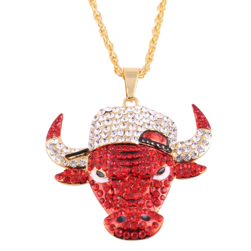 

Hip Hop Red Rhinestones Paved Iced Big Bull Head Pendants Punk Necklace For Men Jewelry Chain