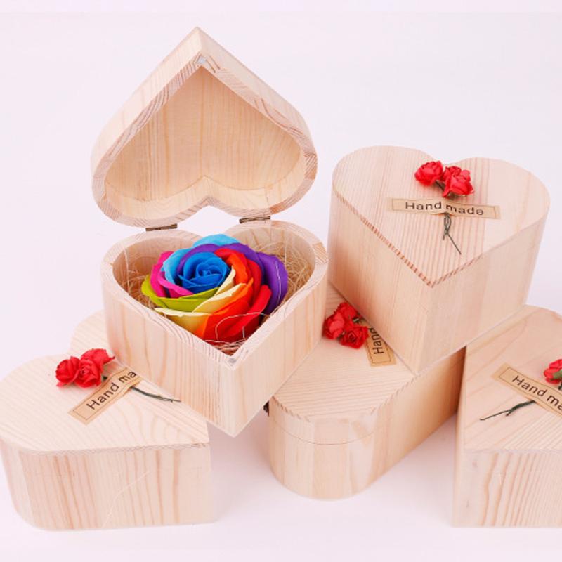 

Artificial Rose Soap Flower Rainbow Color Rose Flower Petal Soap with Wooden Heart Shape Box Valentine's Day Gift