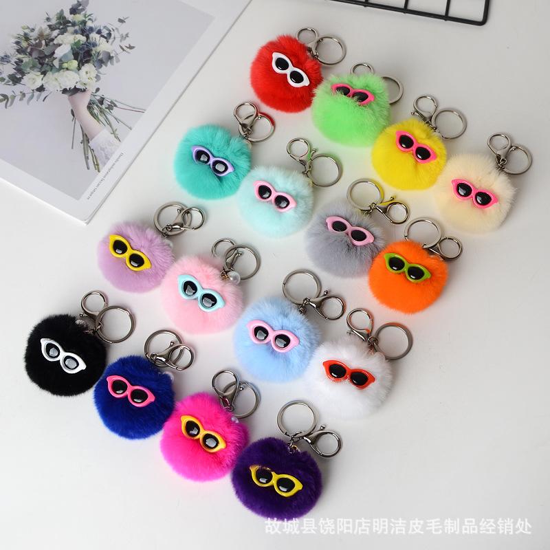 

Fashionable Car Keychan Natural Rex Fur Pompom Bag Trinkets Kawaii Glasses Fluffy Pendant For Lovers Keyring Accessories