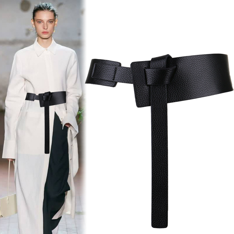 

100% Real Cow Leather Wide Belt Women Trench Cummerbunds Coat Black for Dress Cowskin Waistband Elastic Handwork Waistband