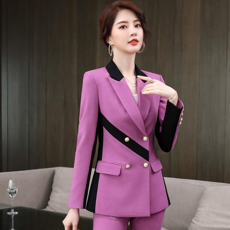 

Office Ladies Work Wear Fashion Pants Suits Women Autunm High-End Temperament Business Long Sleeve Blazer and Pants Costume, Purple coat