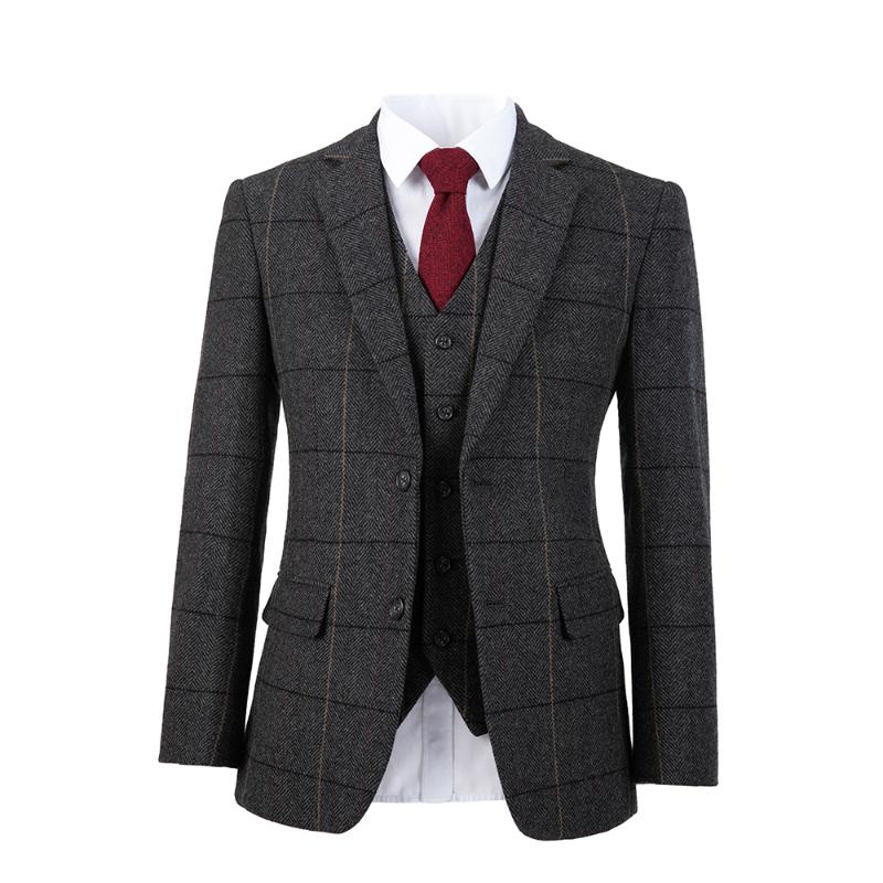 

Wool woolen dark grey Herringbone Retro gentleman style Men suits tailored suit Blazer suits for men 3 piece (Jacket+Pants+Vest