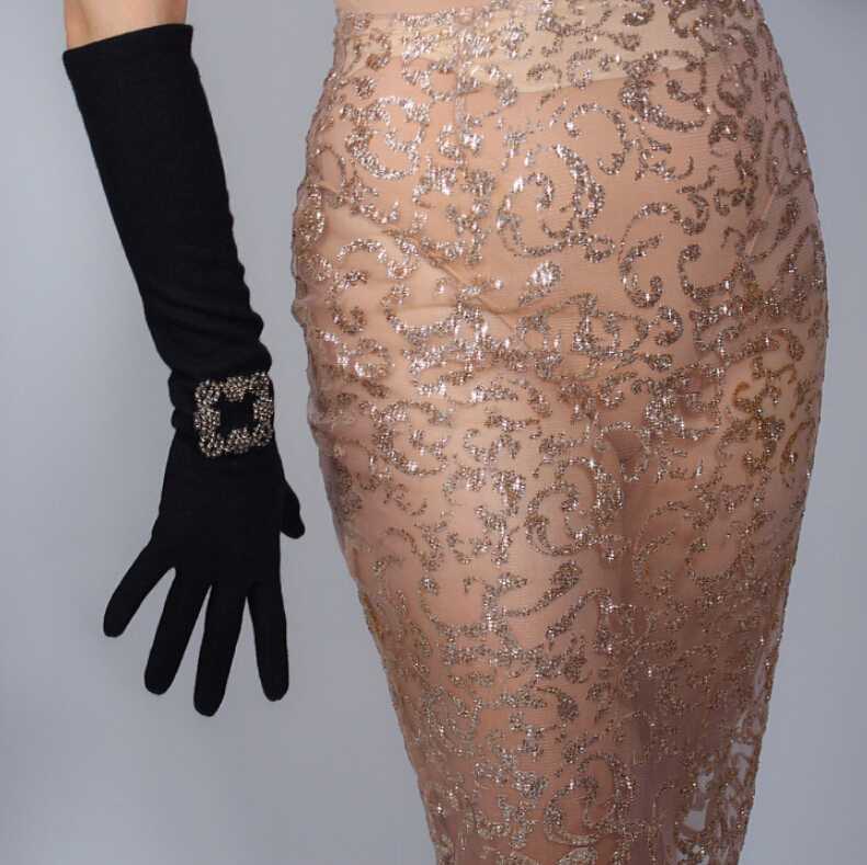 

Women's autumn winter thicken warm solid black wool glove female blingbling diamonds buckle touchscreen long driving glove R2024