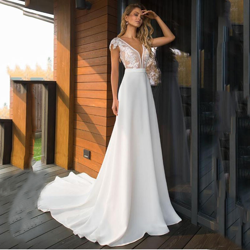 

SoDigne Elegant Satin V-neck A-line Wedding Dresses 2020 Boho Bridal Gowns Backless Vestido de noiva Plus size Wedding Daress, White