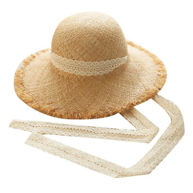 

Newest 2020 Summer Women Holiday Straw Beach Hats Women Weave Straw Hat Beach Sunshade Headgear Lace Ribbon Large Brim Hat, Beige