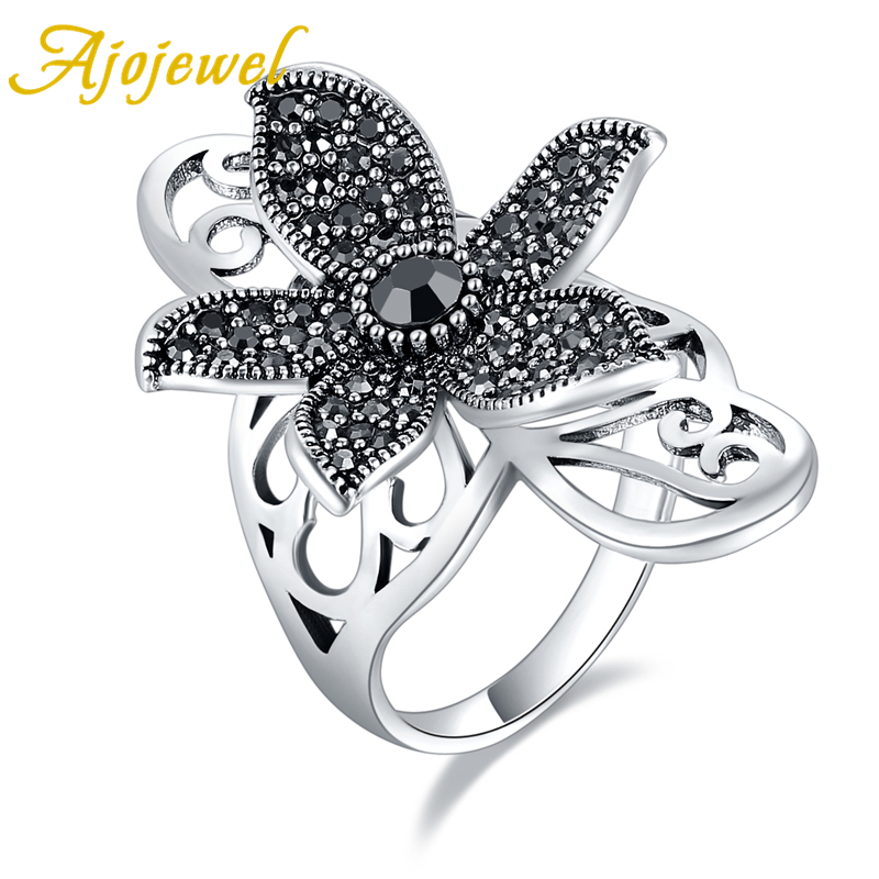 

Ajojewel Vintage Black Rhinestone Five Petals Flower Ring Big Womens Cocktail Rings With Hollow Side Anel Size 5.5-9