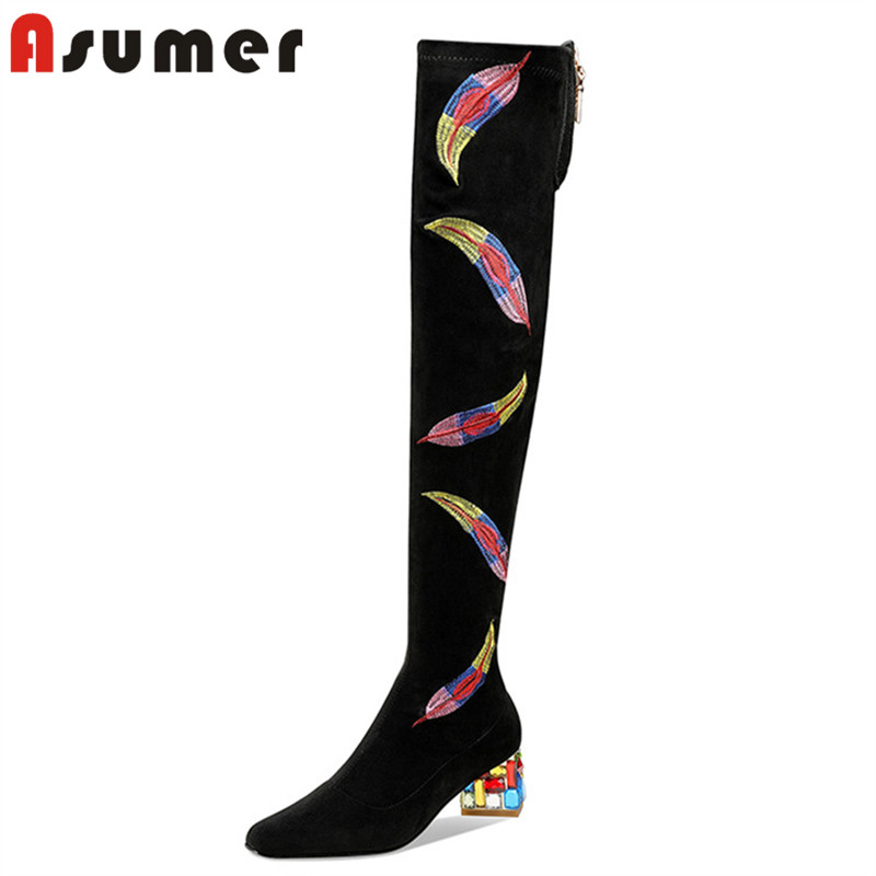 

Asumer 2020 big size 34-45 over the knee boots women square toe crystal thick heel casual party shoes ladies stretch boots, Black embroidery